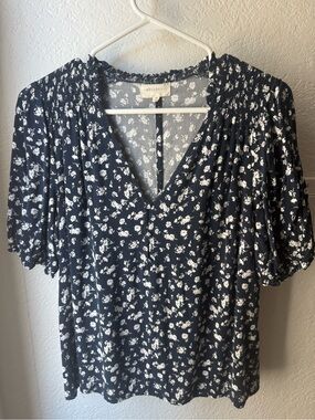 ellos Navy & White Floral V-Neck Puff Sleeve Blouse